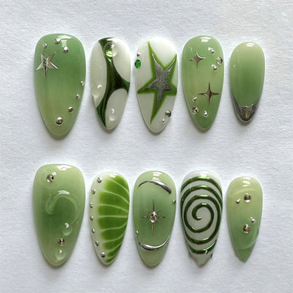 3D green smudged y2k short almonds press-on nails