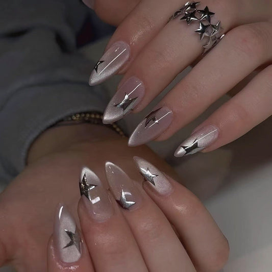 Flash Cat's Eye Short Almond 3D Stereo Silver Star press-on nails